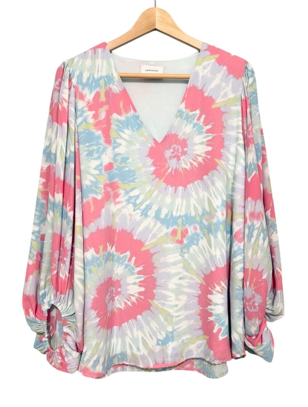 Adrienne Tie Dye Balloon Sleeve Lined V Neck Blouse Top XL Made USA Colorful